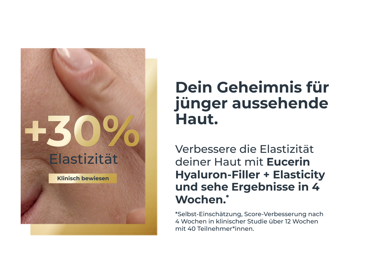 Hand berührt Gesicht. Text: +30% Elastizität. Klinisch bewiesen.